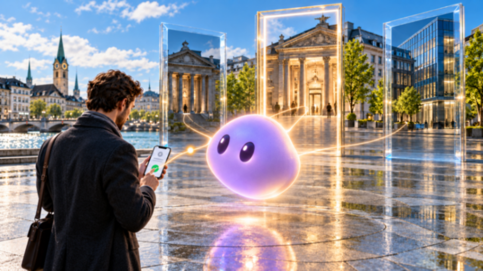 Mann hält Smartphone, interagiert mit lila glühender kugelförmiger KI-Figur vor futuristischen Glasgebäuden in Bankenviertel